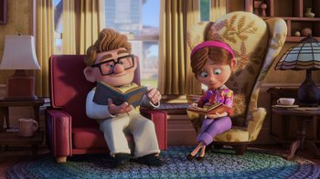 Movie still from “Up” (2009), directed by Bob Peterson – A couple of people sitting on a chair in front of a window; Wide shot, Over the shoulder angle