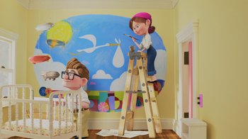 Movie still from “Up” (2009), directed by Bob Peterson – A girl and a boy painting a mural in a child's room; Wide shot, Low angle