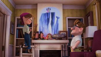 Movie still from “Up” (2009), directed by Bob Peterson – Two cartoon characters in front of a fireplace; Wide shot, Over the shoulder angle