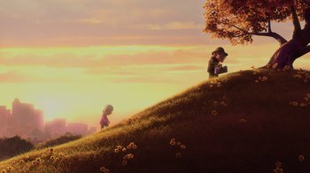Movie still from “Up” (2009), directed by Bob Peterson – Two people are standing on a grassy hill at sunset; Wide shot, Low angle