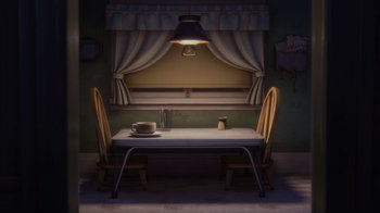 Movie still from “Up” (2009), directed by Bob Peterson – An illustration of a dining room table and chairs; Extreme Wide shot, High angle