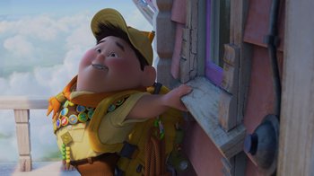 Movie still from “Up” (2009), directed by Bob Peterson – An image of an animated character from the pixar film up; Medium shot, Overhead angle