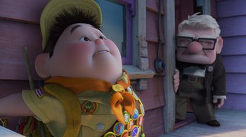 Movie still from “Up” (2009), directed by Bob Peterson – A character from up with an older man; Wide shot, Over the shoulder angle