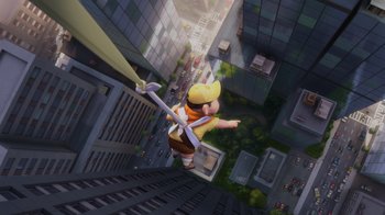 Movie still from “Up” (2009), directed by Bob Peterson – An animated character is flying through the air while holding onto a rope; Extreme Wide shot, Overhead angle