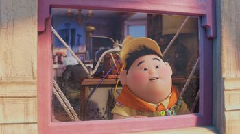Movie still from “Up” (2009), directed by Bob Peterson – An image of an animated character in a room; Medium shot, High angle