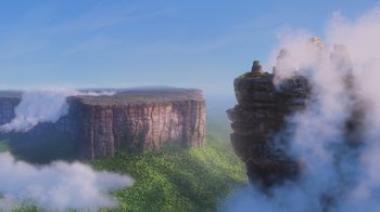 Movie still from “Up” (2009), directed by Bob Peterson – A view of a mountain from above with clouds coming from it; Extreme Wide shot, Low angle