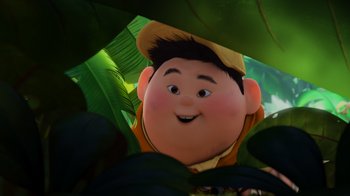 Movie still from “Up” (2009), directed by Bob Peterson – A character's face in the jungle; Close Up shot, High angle