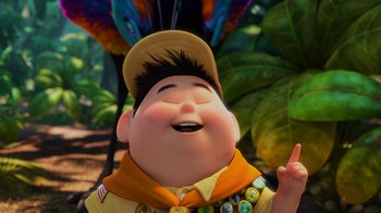 Movie still from “Up” (2009), directed by Bob Peterson – An animated character smiling; Close Up shot, High angle