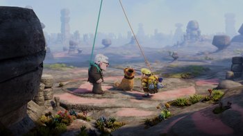 Movie still from “Up” (2009), directed by Bob Peterson – A group of people standing next to each other on top of a hill; Wide shot, High angle