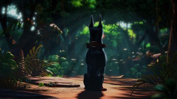 Movie still from “Up” (2009), directed by Bob Peterson – An animal statue sitting on top of a dirt path; Wide shot, High angle