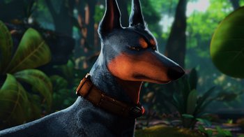 Movie still from “Up” (2009), directed by Bob Peterson – A black dog with a brown collar is looking at the camera; Close Up shot, High angle