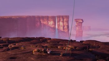 Movie still from “Up” (2009), directed by Bob Peterson – A group of people sitting on top of a hill; Extreme Wide shot, Low angle