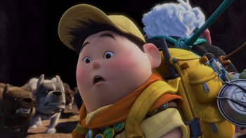 Movie still from “Up” (2009), directed by Bob Peterson – A cartoon character with a backpack; Close Up shot, Over the shoulder angle