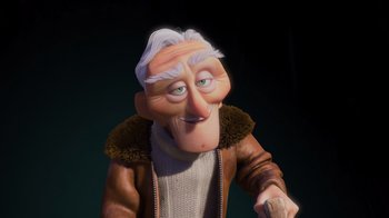 Movie still from “Up” (2009), directed by Bob Peterson – An old man with white hair and a brown jacket; Close Up shot, Over the shoulder angle