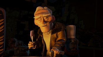Movie still from “Up” (2009), directed by Bob Peterson – An animated character holding a glass of wine in his hand; Close Up shot, Low angle