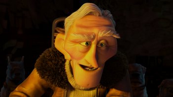 Movie still from “Up” (2009), directed by Bob Peterson – An old man with white hair and a white beard; Close Up shot, Low angle