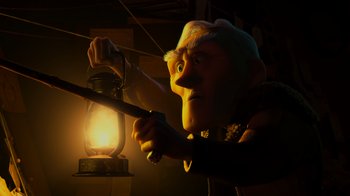 Movie still from “Up” (2009), directed by Bob Peterson – An old man holding a stick with a lantern in the dark; Medium shot, Low angle