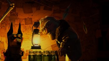 Movie still from “Up” (2009), directed by Bob Peterson – A man that is looking at a lantern; Medium shot, Low angle