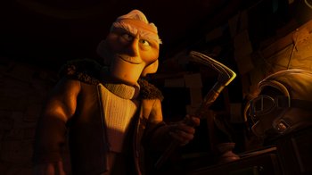 Movie still from “Up” (2009), directed by Bob Peterson – A man holding a stick in a room; Close Up shot, Low angle