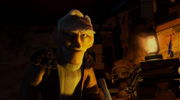 Movie still from “Up” (2009), directed by Bob Peterson – An animated character in a room with papers on the wall; Close Up shot, Low angle