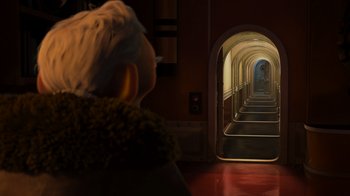 Movie still from “Up” (2009), directed by Bob Peterson – A person is looking at a hallway with stairs leading up to it; Wide shot, Over the shoulder angle