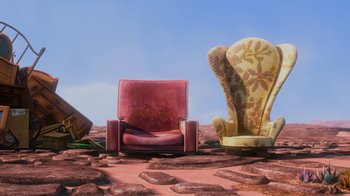 Movie still from “Up” (2009), directed by Bob Peterson – A group of chairs sitting on top of a dirt field; Extreme Wide shot, High angle