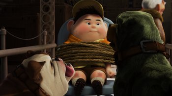 Movie still from “Up” (2009), directed by Bob Peterson – An image of an animated character with a rope around his neck; Wide shot, High angle
