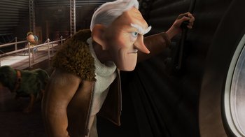 Movie still from “Up” (2009), directed by Bob Peterson – An old man with white hair and a brown jacket; Medium shot, High angle