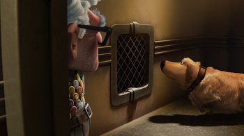 Movie still from “Up” (2009), directed by Bob Peterson – A dog looking at a person in a room with an open door; Wide shot, Over the shoulder angle