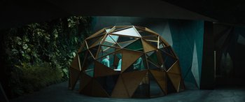 Movie still from “Upgrade” (2018), directed by Leigh Whannell – A wooden structure that has been made to look like a geodesic dome; Extreme Wide shot, High angle