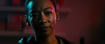 Movie still from “Upgrade” (2018), directed by Leigh Whannell – A person's face in the dark; Close Up shot, Low angle