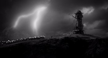 Movie still from “Van Helsing” (2004), directed by Stephen Sommers – A black - and - white photo of a lightning storm; Extreme Wide shot, Low angle