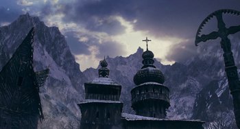 Movie still from “Van Helsing” (2004), directed by Stephen Sommers – Two towers with a cross on top of them; Extreme Wide shot, Low angle