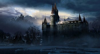 Movie still from “Van Helsing” (2004), directed by Stephen Sommers – An old castle with a lot of snow on it's roof; Extreme Wide shot, Low angle