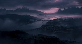 Movie still from “Van Helsing” (2004), directed by Stephen Sommers – A view of a city at night from a hill; Extreme Wide shot, High angle