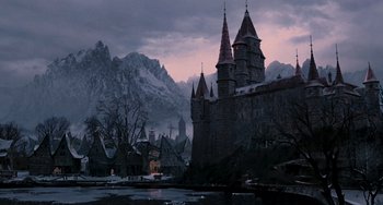 Movie still from “Van Helsing” (2004), directed by Stephen Sommers – A castle like building in the middle of the night; Extreme Wide shot, Low angle