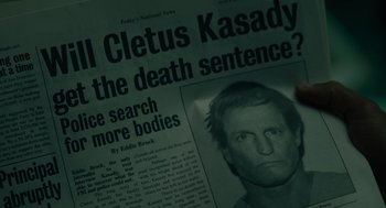 Movie still from “Venom: Let There Be Carnage” (2021), directed by Andy Serkis – The front page of a newspaper; Extreme Close Up shot, Overhead angle