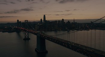 Movie still from “Venom: Let There Be Carnage” (2021), directed by Andy Serkis – A view of a bridge and a city at night; Extreme Wide shot, High angle