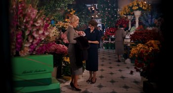 Movie still from “Vertigo” (1958), directed by Alfred Hitchcock – Two women are standing in a flower shop; Wide shot, High angle