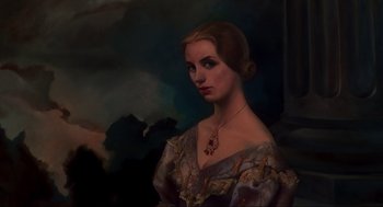 Movie still from “Vertigo” (1958), directed by Alfred Hitchcock – An oil painting of a woman wearing a necklace; Close Up shot, Low angle