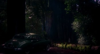 Movie still from “Vertigo” (1958), directed by Alfred Hitchcock – A car parked in the middle of a forest; Extreme Wide shot, High angle