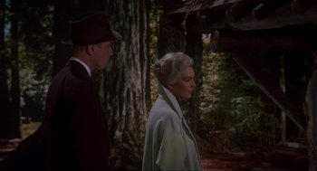 Movie still from “Vertigo” (1958), directed by Alfred Hitchcock – A man and a woman standing next to each other in a forest; Medium shot, Over the shoulder angle