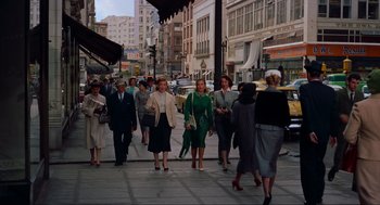 Movie still from “Vertigo” (1958), directed by Alfred Hitchcock – A group of women walking down a sidewalk; Wide shot, High angle