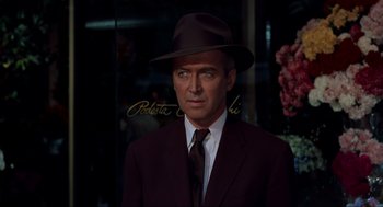 Movie still from “Vertigo” (1958), directed by Alfred Hitchcock – A man in a suit and hat standing in front of flowers; Close Up shot, Over the shoulder angle