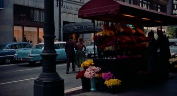 Movie still from “Vertigo” (1958), directed by Alfred Hitchcock – Two people standing in front of a flower stand on the sidewalk; Wide shot, High angle