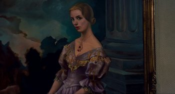 Movie still from “Vertigo” (1958), directed by Alfred Hitchcock – An oil painting of a woman in a purple dress; Medium shot, Low angle