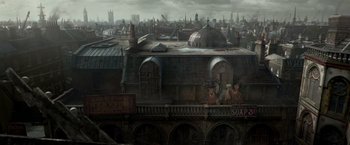 Movie still from “Victor Frankenstein” (2015), directed by Paul McGuigan – An artistic rendering of a city with a lot of buildings; Extreme Wide shot, Low angle