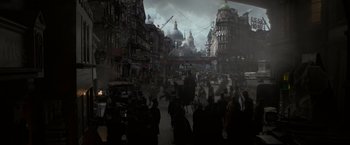 Movie still from “Victor Frankenstein” (2015), directed by Paul McGuigan – A crowd of people walking down a street; Extreme Wide shot, High angle