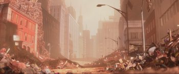 Movie still from “WALL·E” (2008), directed by Andrew Stanton – An image of a city with a lot of debris on the ground; Extreme Wide shot, High angle
