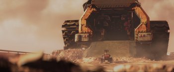 Movie still from “WALL·E” (2008), directed by Andrew Stanton – An image of a construction vehicle in the desert; Extreme Wide shot, Low angle